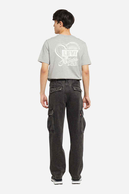 Men's black denim cargo jeans, back view, with two large patch pockets