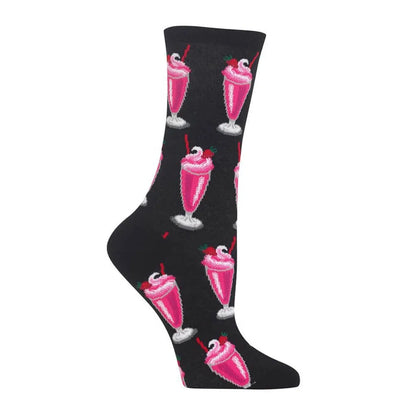 Black crew socks with pink cocktail and fruit drink pattern, full view