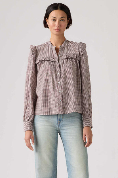 Ruffle-front gingham button-up blouse with long sleeves, mauve check