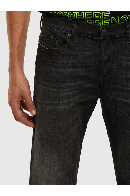 Charcoal denim jeans waist with belt loops, button closure, and front pocket