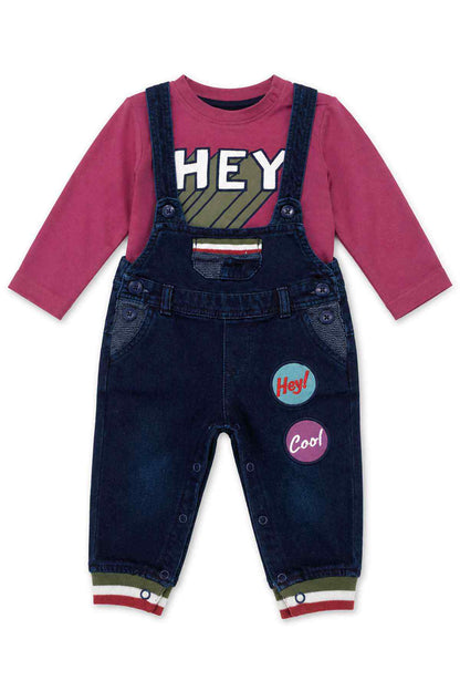 BABYSHOP baby denim overalls outfit set with burgundy top and 'HEY' front print