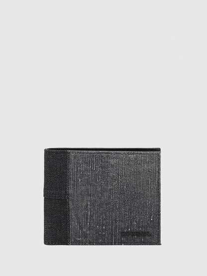 Dark denim bi-fold wallet, front view with subtle texture and small logo detail