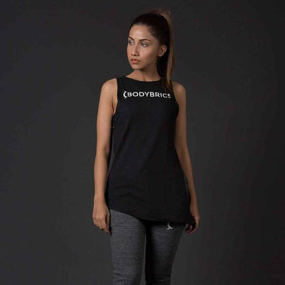 Black sleeveless tank top with BODYBRICS logo on chest and curved hem