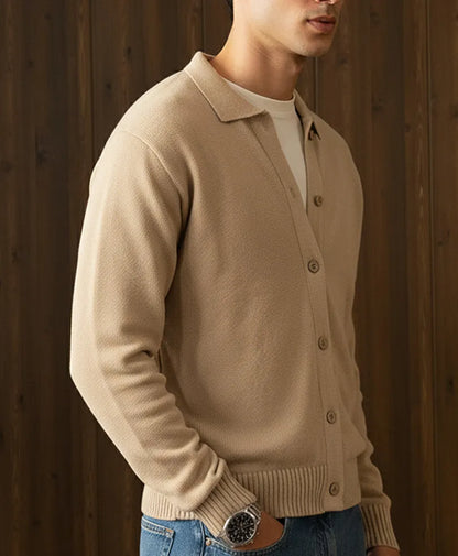 Men's beige knit cardigan with notched collar, button placket, ribbed cuffs