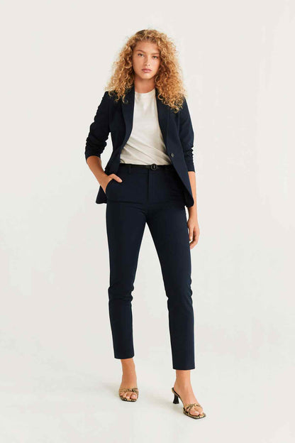 MANGO dark navy blazer and cropped trousers set with belt, worn with a white top