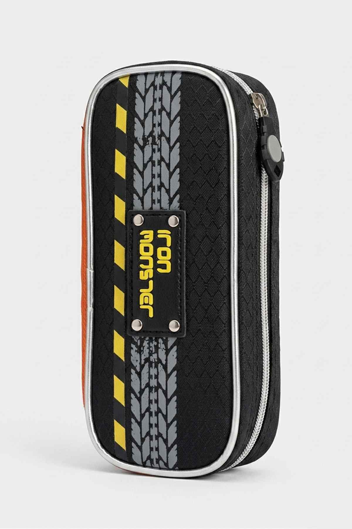 BABYSHOP pencil case with zipper, black with yellow stripe and gray pattern