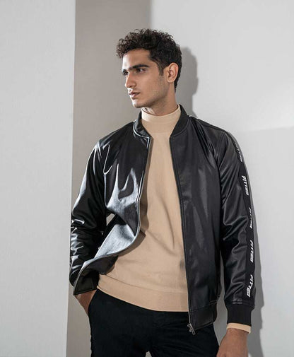 Black fitted bomber jacket with zip front and ribbed cuffs, sleeve logo stripes