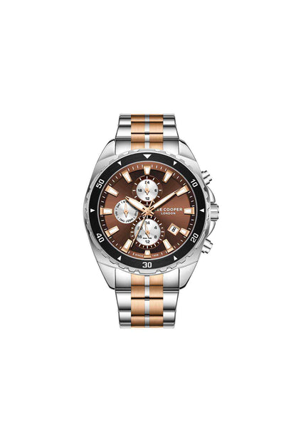 Lee Cooper chronograph watch, brown dial with rose-gold accents and silver bracelet