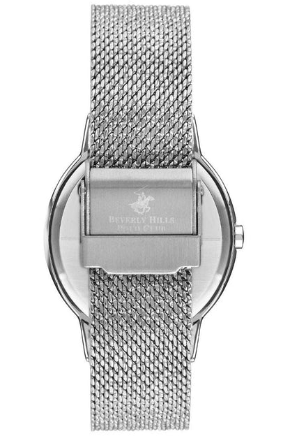 Silver metal mesh wristwatch back with brand plate and round case