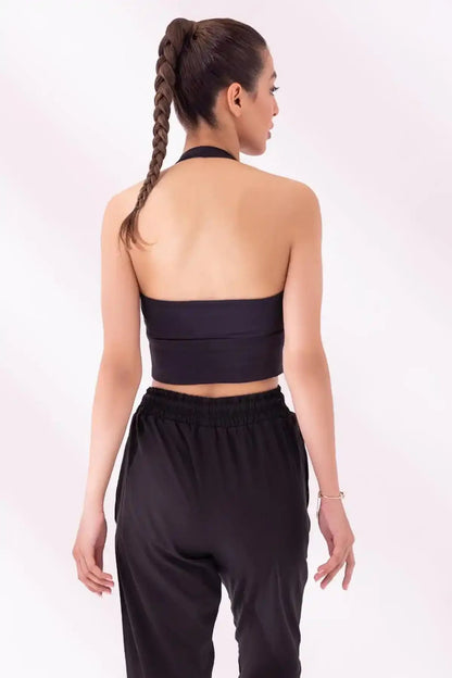 Black backless halter sports bra and jogger pants, adjustable waist