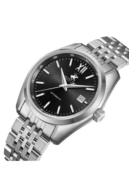 BHPC automatic stainless steel watch, black dial, bracelet and crown side