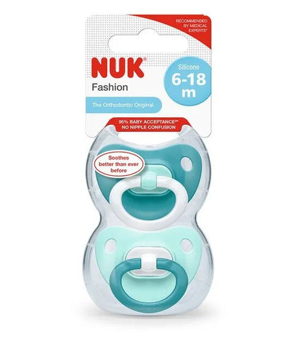 Nuk silicone baby pacifier, light blue shield with dark blue rim, 6–18 months