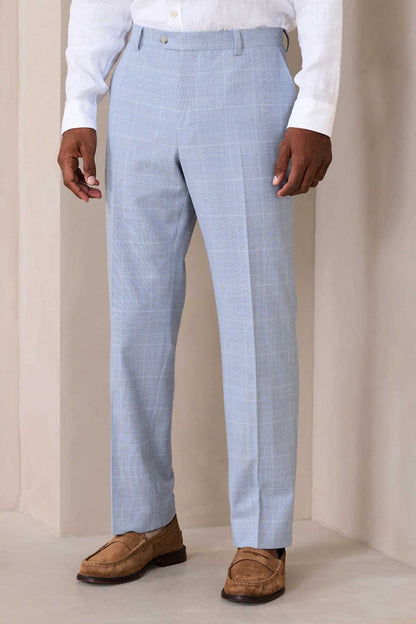 Light blue check suit trousers, straight leg, belt loops