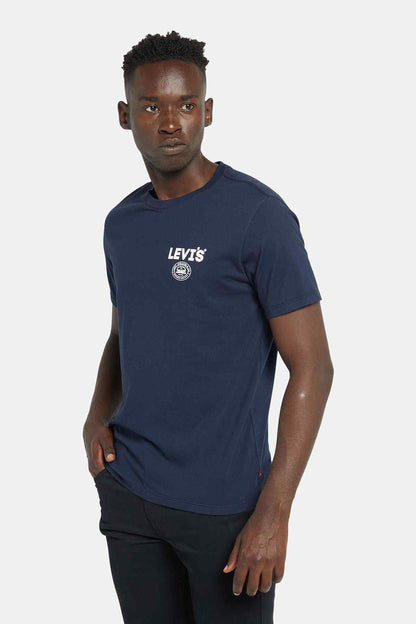 Navy crewneck short-sleeve T-shirt with small chest logo patch, side view