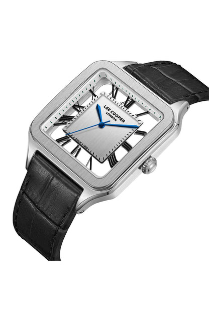 Square-faced wristwatch with black leather strap, silver case, Roman numerals, blue hands