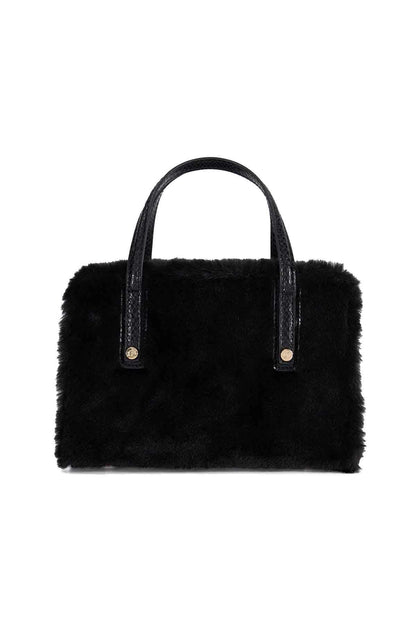 Dune London black faux-fur tote with sturdy top handles and metal logo hardware