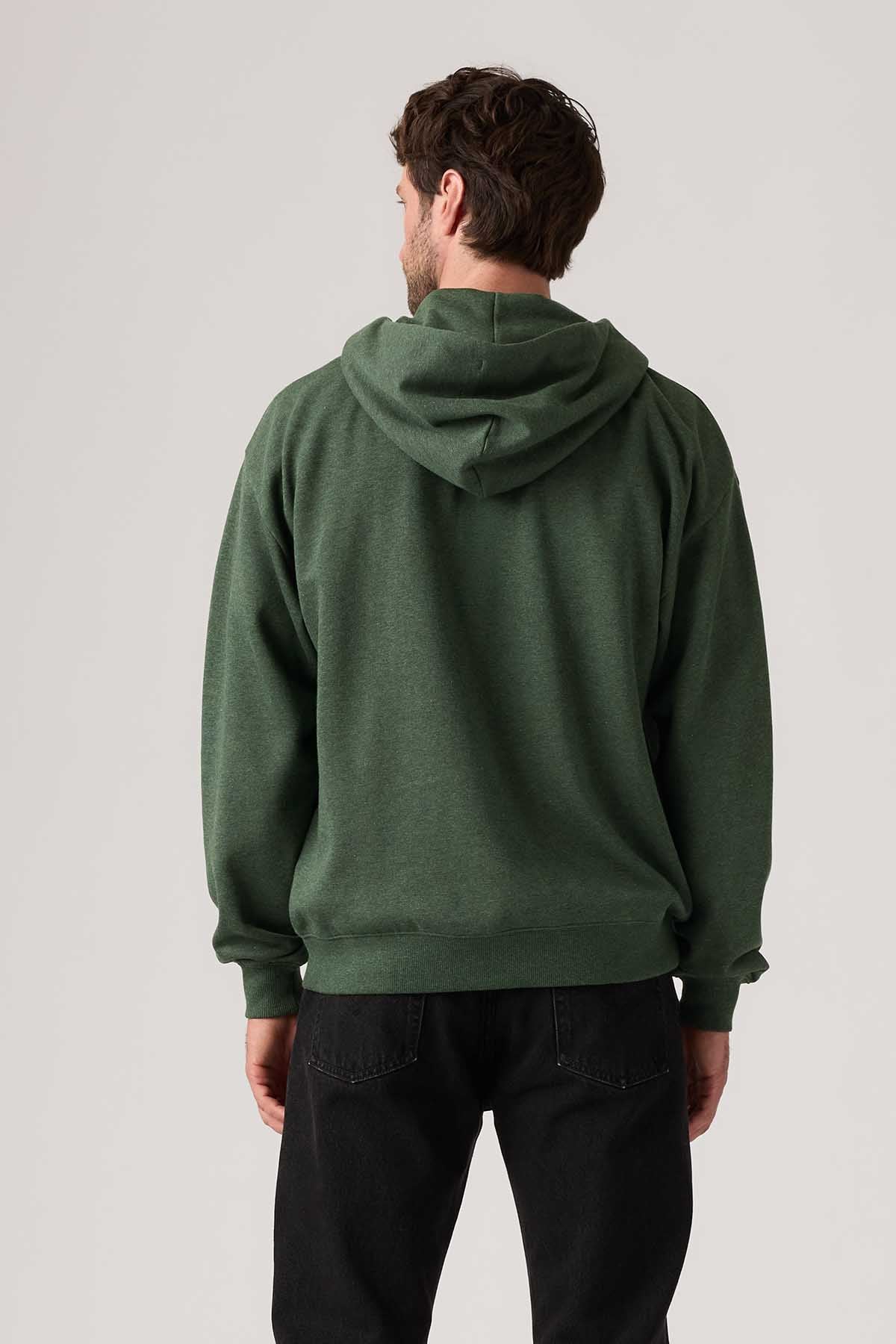 Men's green zip-up hoodie with hood and drawstrings, back view