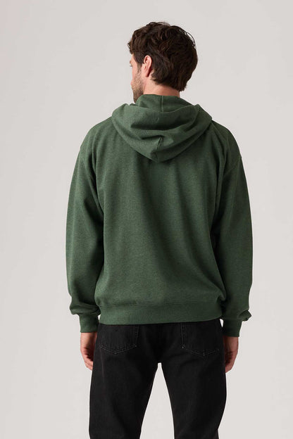 Men's green zip-up hoodie with hood and drawstrings, back view