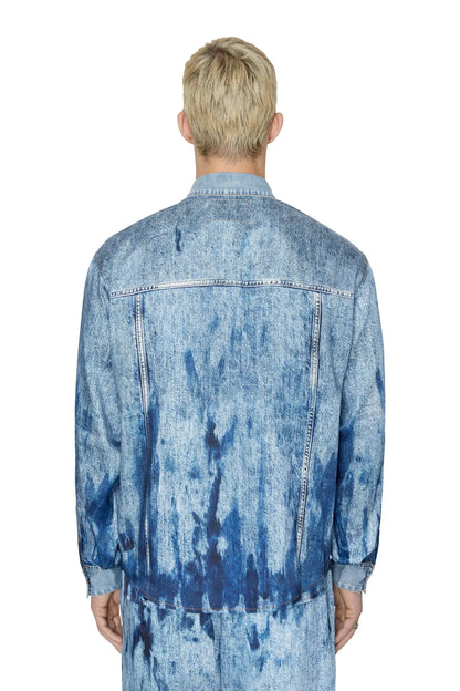 Light blue denim shirt back view with yoke seam and button cuffs