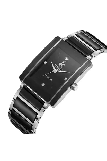 BHPC watch with black rectangular dial, silver/black bracelet, and side crown