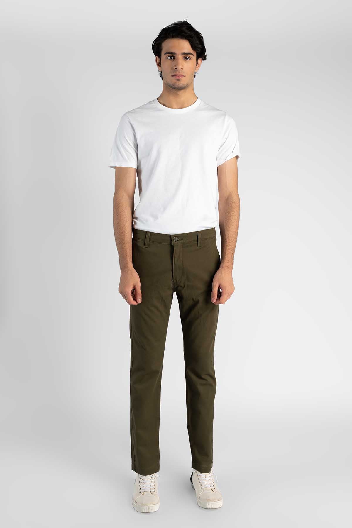 Men's olive straight-leg pants with rear yoke and belt loops