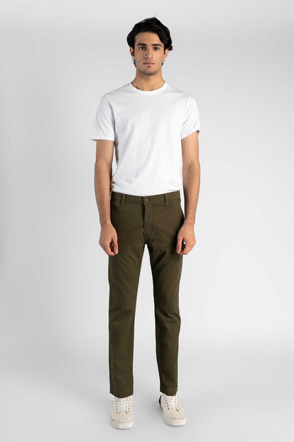 Men's olive straight-leg pants with rear yoke and belt loops