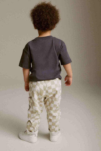Kids checkered cargo pants, elastic waist, cuffed legs, back view