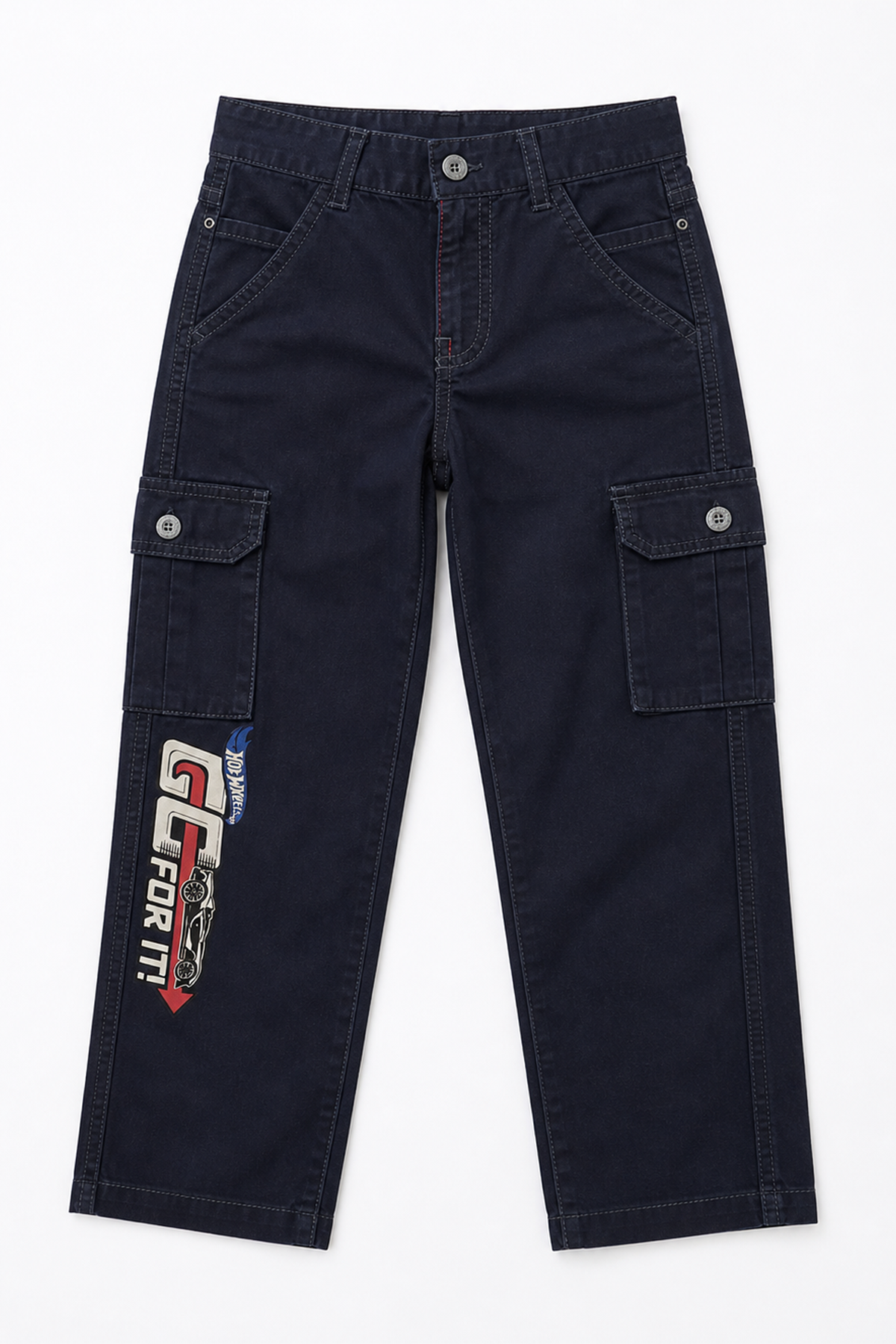 Kids navy cargo jeans with side cargo pockets and front button closure