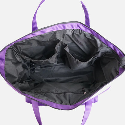 Purple tote bag interior showing crinkled lining and side panels