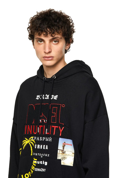 Black Diesel pullover hoodie front close-up with hood and logo graphic
