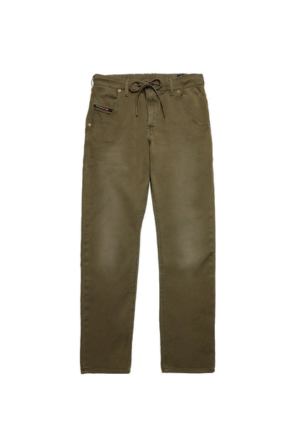 Men's olive green drawstring pants with belt loops and button fly
