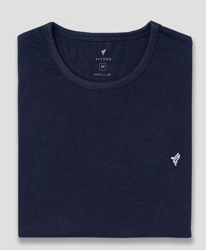 Navy fitted crew-neck T-shirt, front view with small logo and neck label