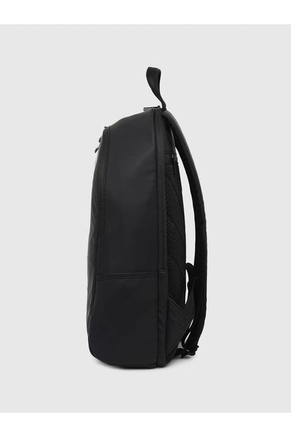 Black backpack side view with carry handle and straps