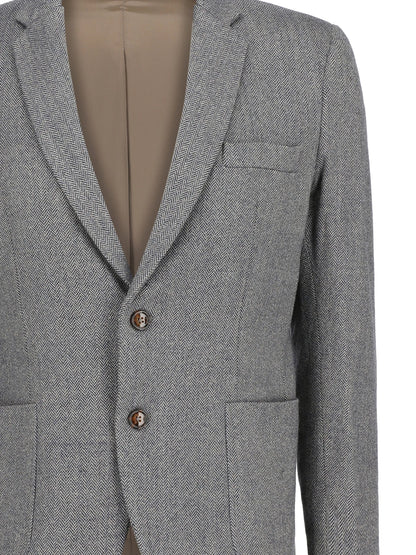 Grey wool-cashmere blazer front detail, flap pocket and button closure