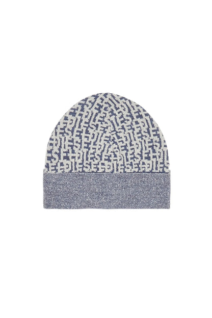 Blue and white patterned knit beanie with ribbed hem