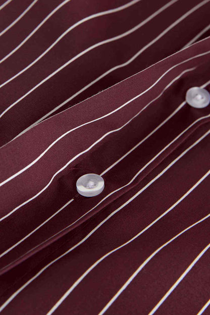 Wine pinstripe shirt close-up fabric with white vertical stripes and button