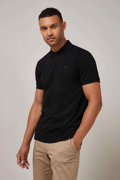Men's black polo shirt with short sleeves and button placket