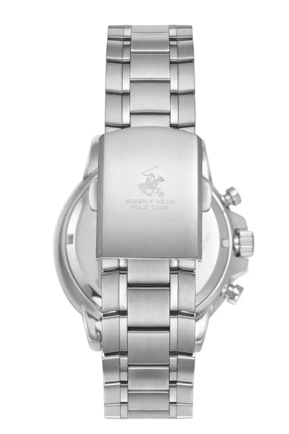 BHPC silver metal wristwatch case back with engraved logo, metal bracelet