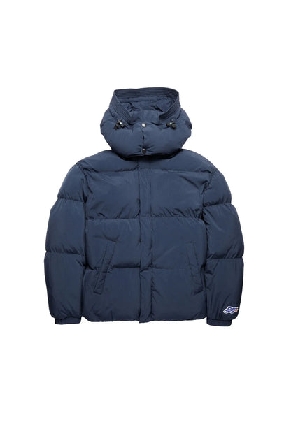 Dark blue hooded puffer jacket, hood detail with small button tabs