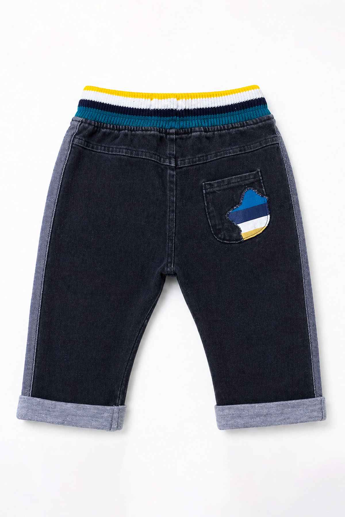 Baby denim pants with striped elastic waistband, side patch, and rolled cuff lining