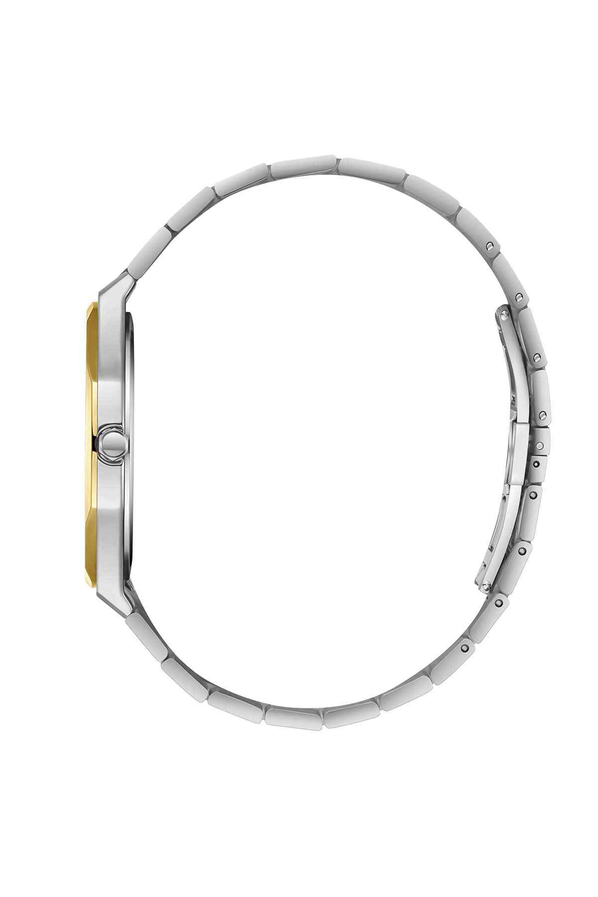 Wristwatch side profile, silver link bracelet and round case with gold detail