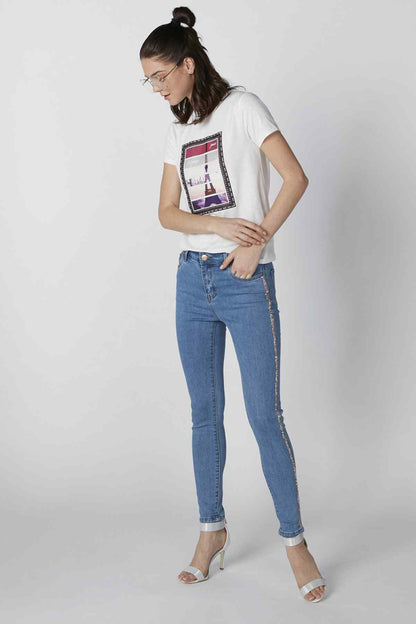 White short-sleeve graphic T-shirt with colorful rectangular print on chest