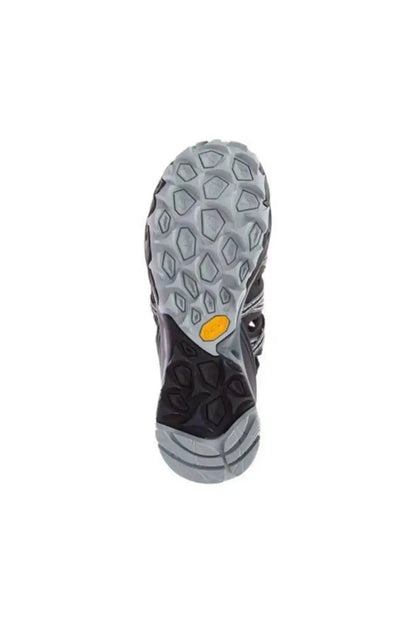 Merrell black outsole with diamond tread pattern and small yellow traction panel