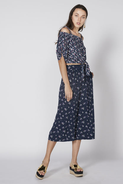 Floral off-shoulder top with matching midi skirt set, navy floral print