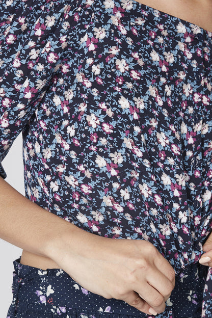 Floral off-shoulder crop top fabric in navy with pink and white flower print