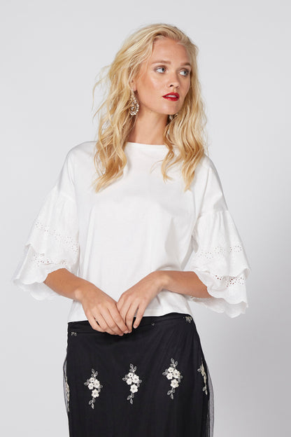 White eyelet blouse with scalloped sleeves and relaxed silhouette