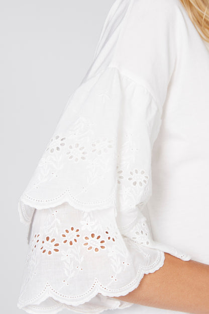 White blouse sleeve with floral eyelet trim and scalloped hem