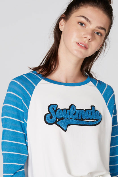 Blue and white raglan baseball tee with striped sleeves and Soundstate logo patch