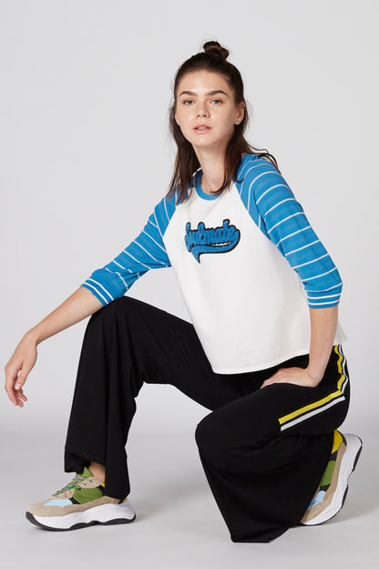 Blue and white raglan baseball tee with striped sleeves and Soundstate graphic front