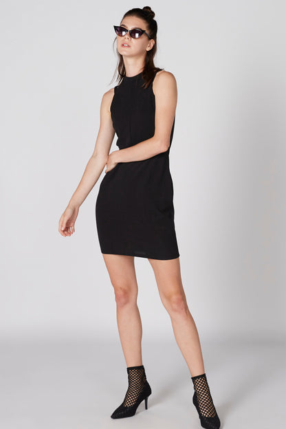Black sleeveless high-neck mini dress with a fitted bodycon shape